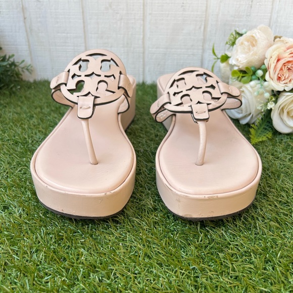 Tory Burch  MILLER WEDGE SANDAL
$275 size 9.5 gently used
Color: Soft Pink - Picture 14 of 16